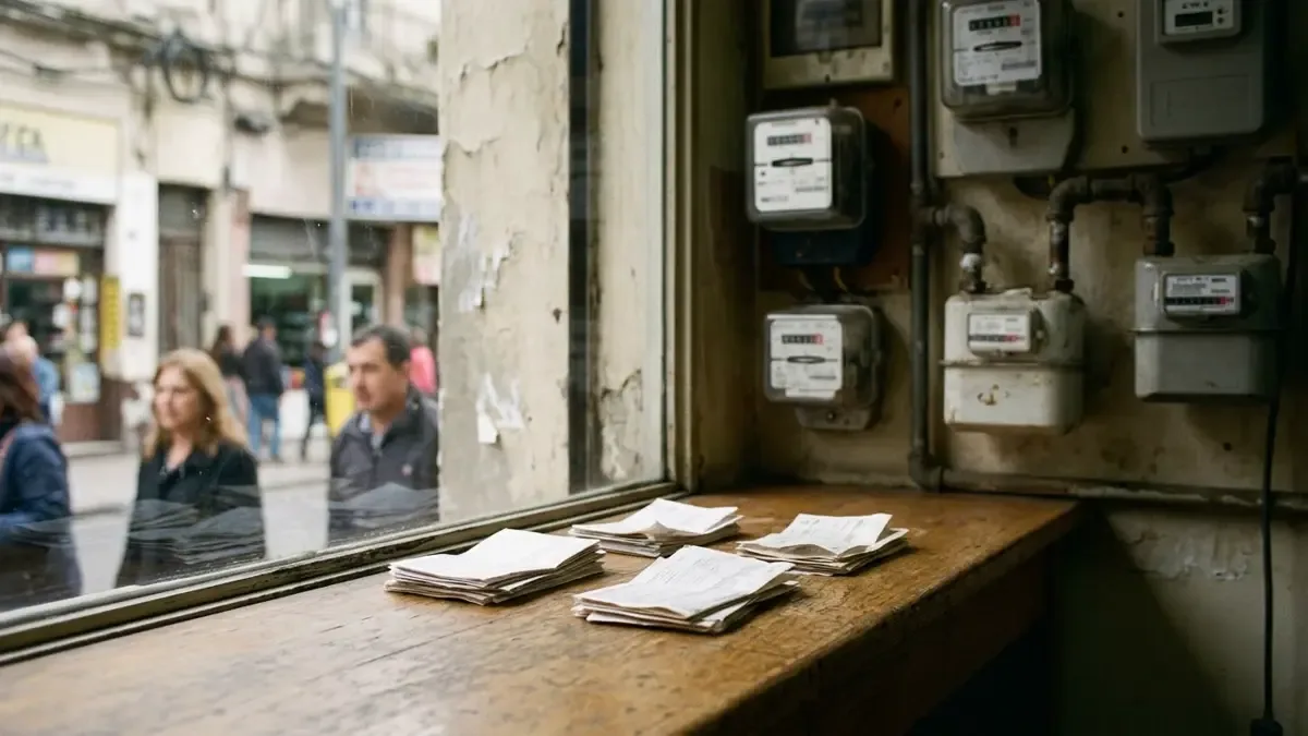 Boletas de servicios sin texto junto a medidores domésticos en una vidriera barrial sin carteles legibles, plano medio documental, perspectiva natural