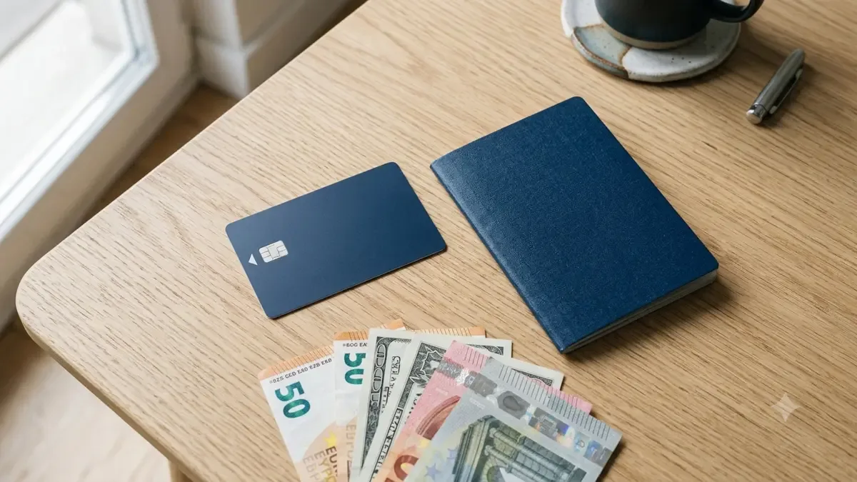 Tarjeta bancaria y pasaporte apoyados junto a billetes