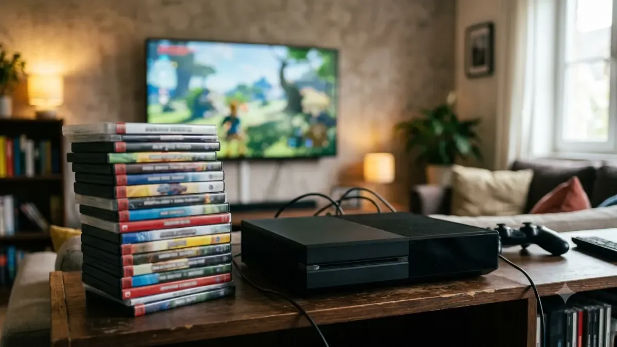 Consola de videojuegos genérica junto a una pila de estuches de discos