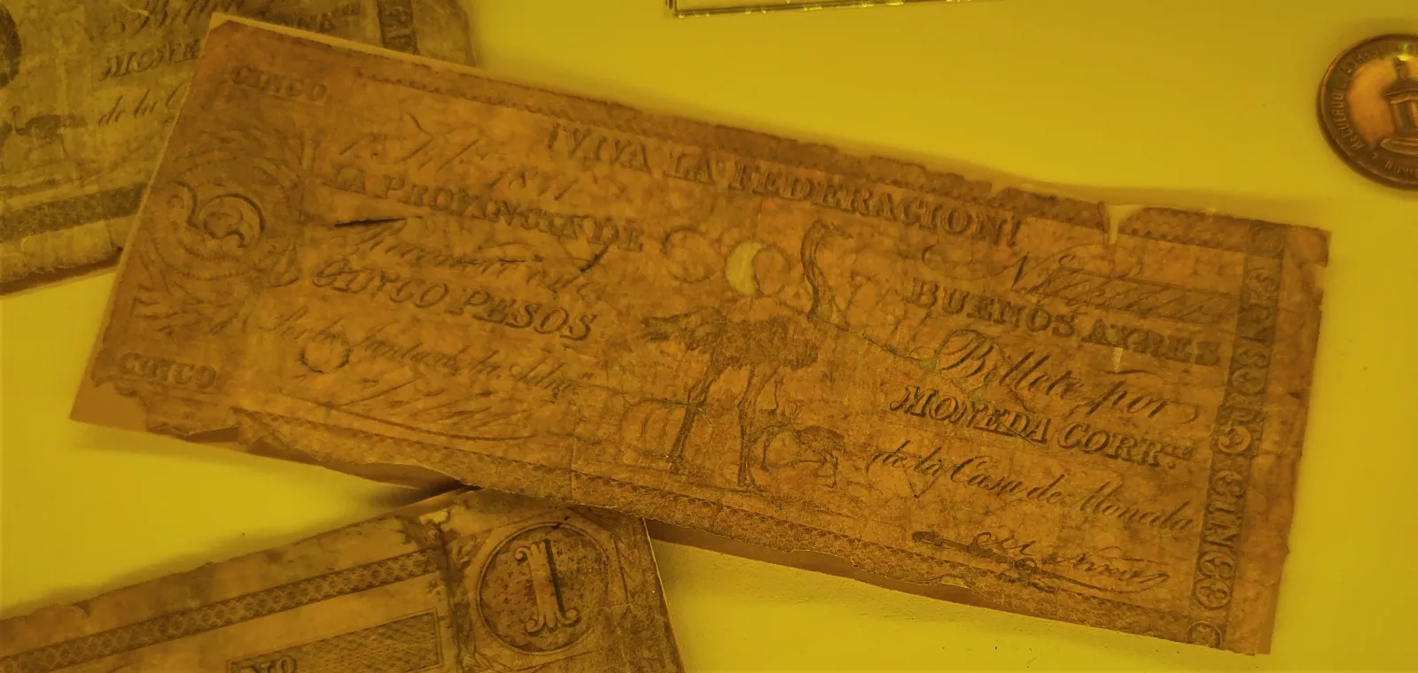 Billete "Viva la Federación", Argentina. Circulante entre 1840 y 1854. En el Museo Pampeano de Chascomús.