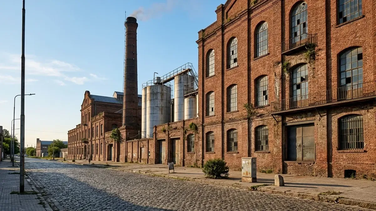 Fachada industrial de ladrillo de una vieja fábrica cervecera