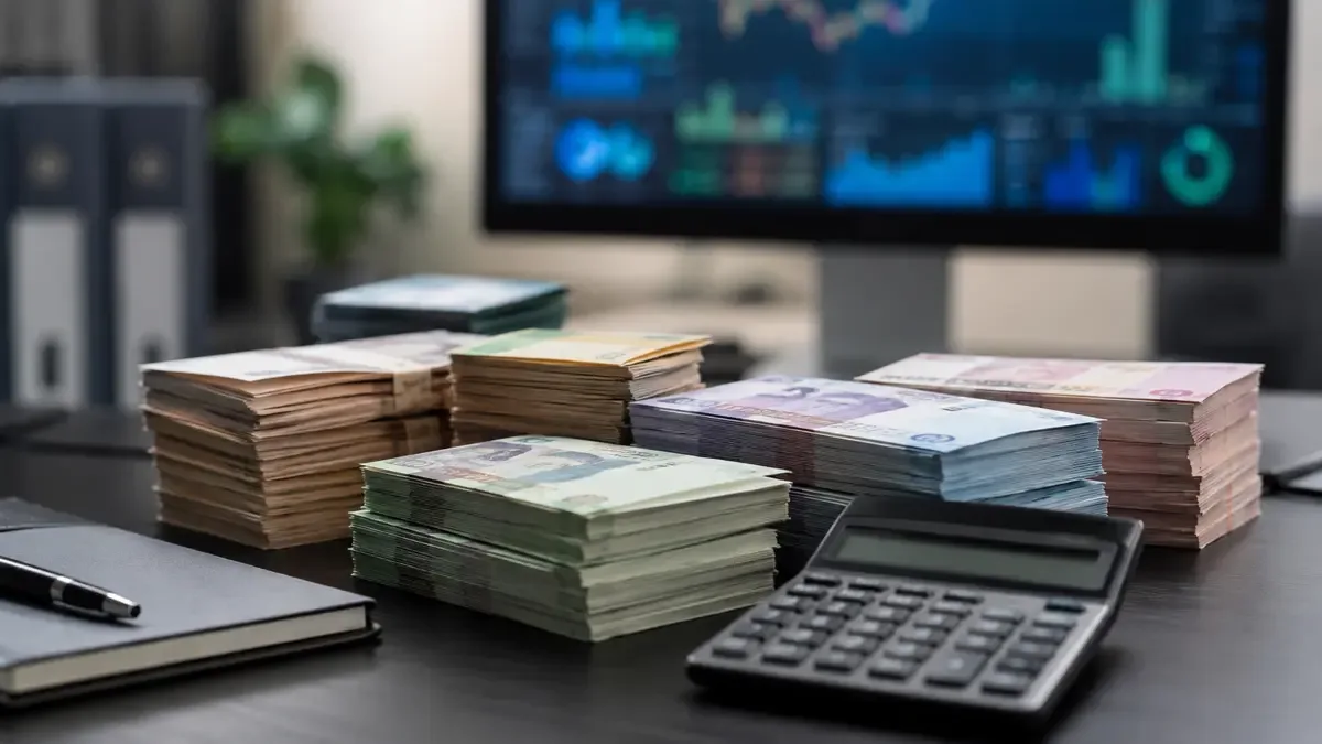 Escritorio financiero con billetes genéricos y una pantalla desenfocada con gráficos