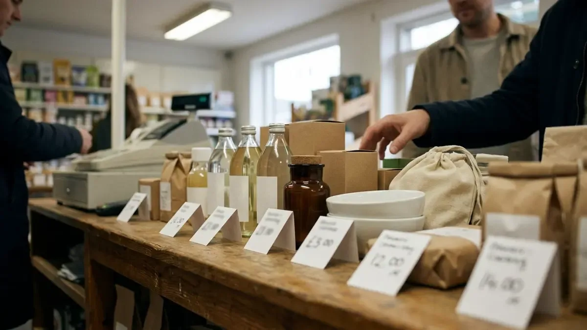 Etiquetas de precio en blanco junto a productos genéricos en un mostrador minorista con objetos genéricos, plano medio documental, perspectiva natural