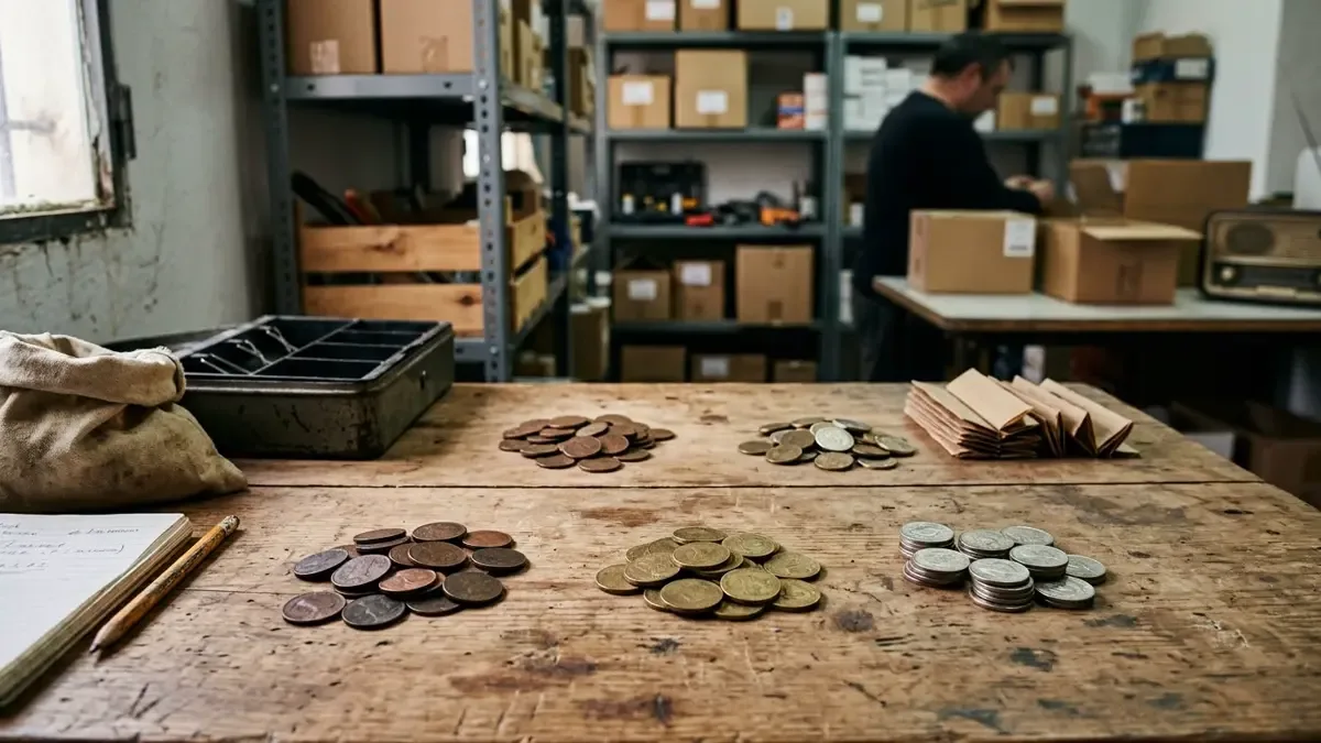 Monedas genéricas separadas en pequeños grupos en la trastienda ordenada de un comercio, vista en tres cuartos, profundidad de campo suave