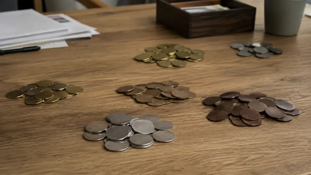 Monedas genéricas separadas en pequeños grupos en una mesa compartida de trabajo, plano medio documental, perspectiva natural