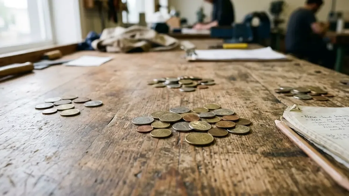 Monedas genéricas separadas en pequeños grupos en una mesa compartida de trabajo, vista en tres cuartos, profundidad de campo suave
