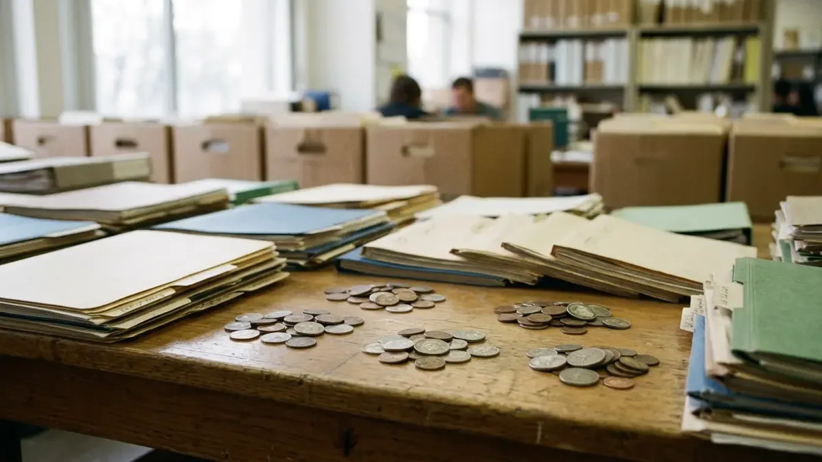 Monedas genéricas separadas en pequeños grupos en un archivo administrativo con carpetas lisas, vista en tres cuartos, profundidad de campo suave