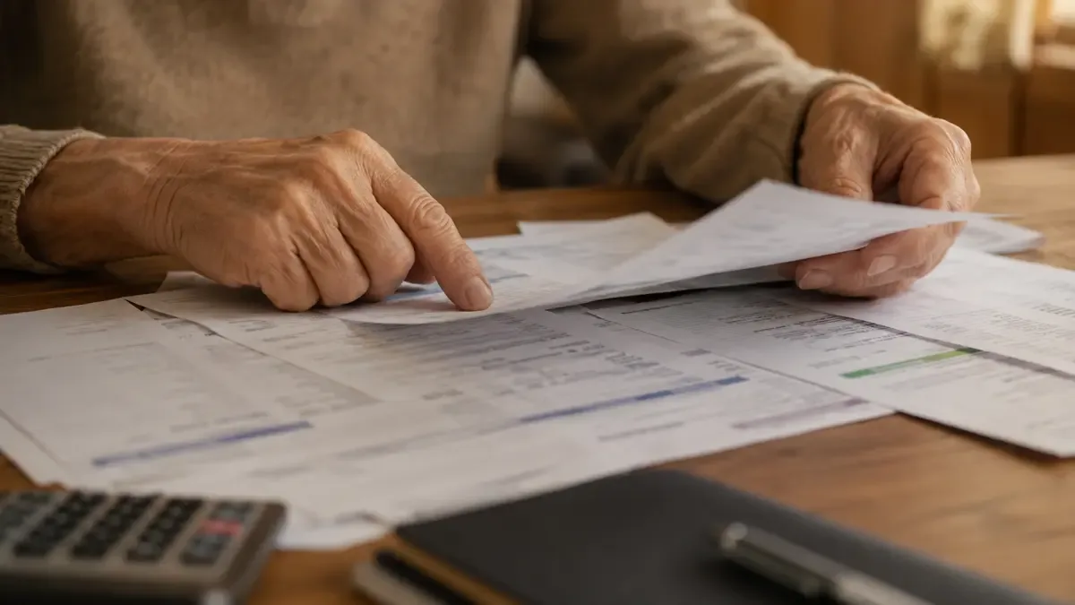 Manos de una persona mayor revisando papeles financieros